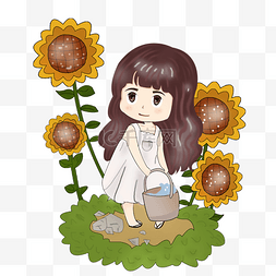 花石头图片_手绘给向日葵浇水的女孩png图