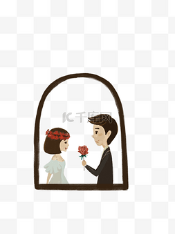 求婚的情侣图片_窗口送花的情侣图案元素