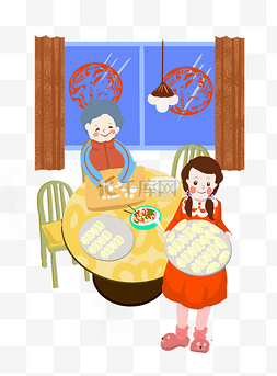 春节包饺子手绘插画