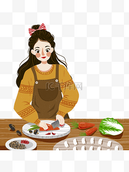 女生插画小清新图片_彩绘切菜做饭的女孩可商用元素