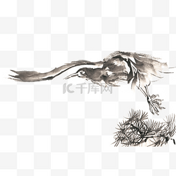 松树枝头的飞鸟水墨画PNG免抠素材