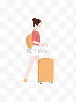 推着旅行箱背包休闲装扮的女孩