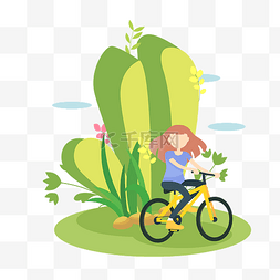 矢量卡通女孩骑自行车春游