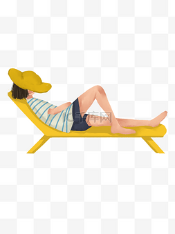 黄帽子遮脸躺在沙滩椅上休息的女