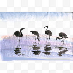河水中的火烈鸟水墨画PNG免抠素材