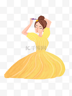 手绘卡通戴花的黄裙子美女