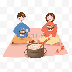 春节男孩和女孩开心吃饺子