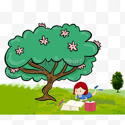 树木学习图片_矢量手绘在草地绿荫下学习的小女