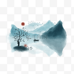 红色的山峰图片_水墨山水和树木插画