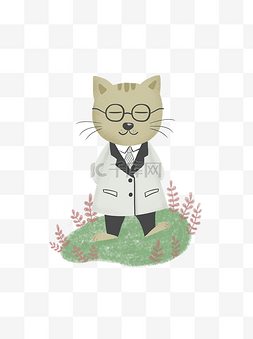 戴眼镜可爱猫图片_卡通可爱猫与植物插画文艺风清新