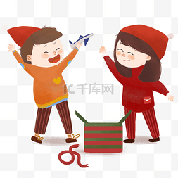 圣诞小朋友手绘图片_收到礼物开心的两个小朋友