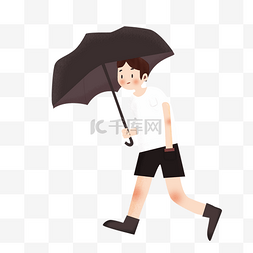 打伞男孩图片_手绘卡通系列下雨打伞的男孩