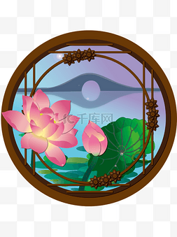 风景窗户图片_手绘花之荷花荷叶植物花卉西湖风