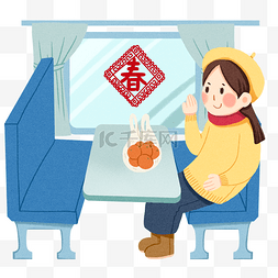 蓝色火车插画图片_春运坐火车的小女孩