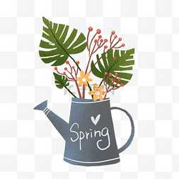 文艺水壶和树叶插图PNG免抠素材