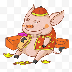 猪年手绘插画图片_2019猪年彩绘猪和元宝手绘卡通插