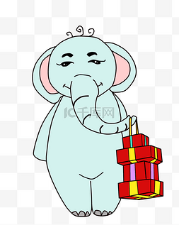 新年漫画图片_新年动物大象送礼插画