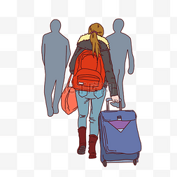 拉行李箱插画图片_手绘拉着行李箱人物插画