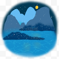 月亮与蓝色山与水