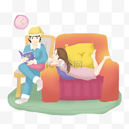 情侣沙发插画图片_情人节看书的情侣插画