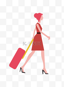 拉行李箱插画图片_拉行李箱旅行的女性矢量插画