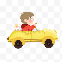 手绘黄色小汽车图片_手绘骑小汽车的男孩