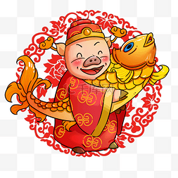 卡通猪吃饺子图片_富贵猪猪抱着锦鲤卡通插画