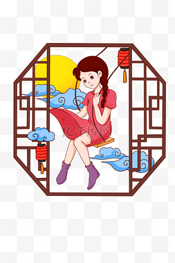 手绘月饼盒图片_中秋节女孩荡秋千手绘插画