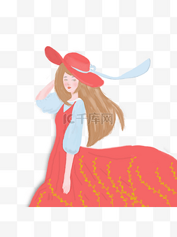 手绘卡通戴红色礼帽的红裙子长发