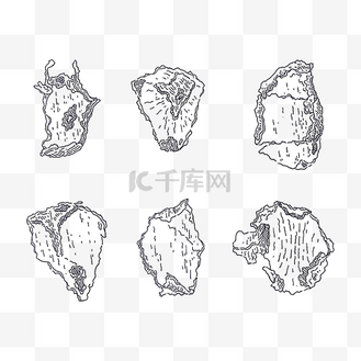 手绘黑白线条简笔画树皮碎纸考古旧物碎片