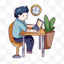 电脑绿植图片_手绘卡通加班的商务男人