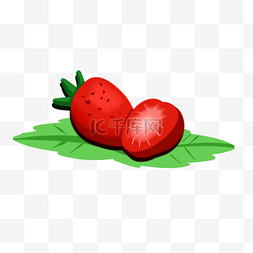 绿色装饰手绘叶子图片_切开的一个半个草莓水果