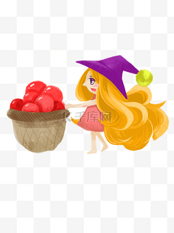 一筐红苹果和可爱金发小女巫