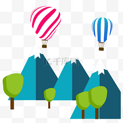 双色热气球图片_远景雪山上空的热气球
