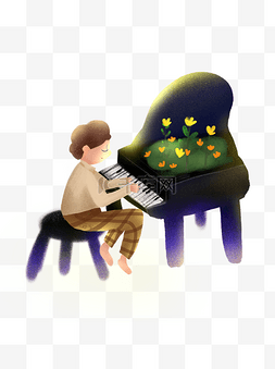弹钢琴图片_彩绘弹钢琴的小孩人物插画