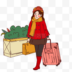 大衣红色图片_手绘拉着行李箱女士