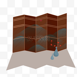 中式家具手绘图片_棕色系中国风远山屏风