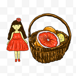 双炉免费下载图片_手绘卡通水果篮女孩插画