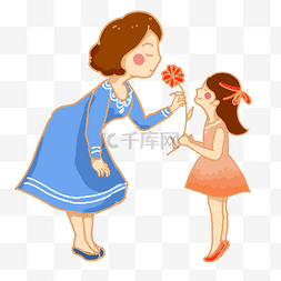 可爱的妈妈图片_卡通手绘漂亮妈妈和送花的可爱小