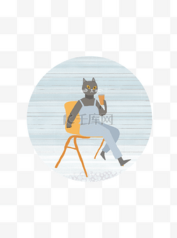 蓝色的墙图片_猫椅子喝茶下午茶蓝色拟人化