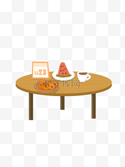 手绘桌子上的日历水果和热茶可商