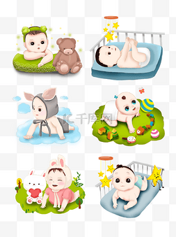 婴儿床插画图片_可爱活泼卡哇伊婴儿人物插画元素