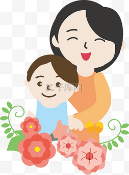 孩子与母亲卡通图片_母亲节促销矢量母子花朵母亲和孩
