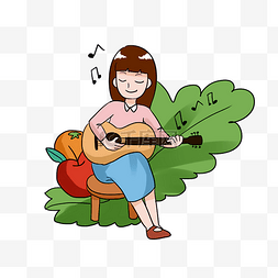 弹吉他的小女孩图片_丰收卡通手绘插画