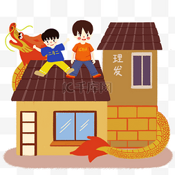 中国传统龙抬头节日理发店手绘人