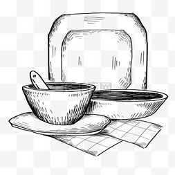 线描大碗和盘子插画