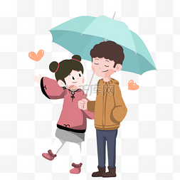 年轻情侣打伞散步图