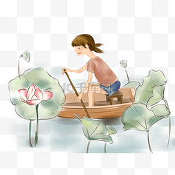 手绘马尾辫子图片_夏季在荷塘划船的女孩插画