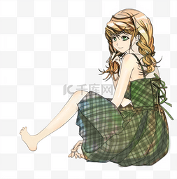 日系手绘背景图片_日系插画穿背带格子裙的少女