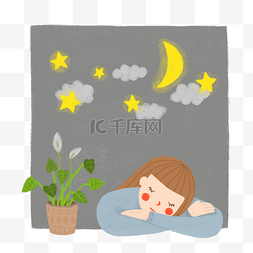 在睡觉的小女孩图片_手绘卡通在窗边睡觉的小女孩